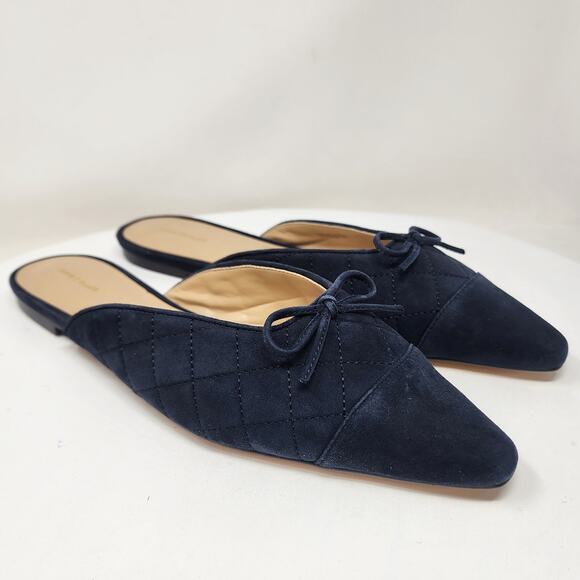 Ann Taylor Quilted Suede Slides Mules Women 11M Navy Blue Suede Pointed Toe Bow - Picture 1 of 11